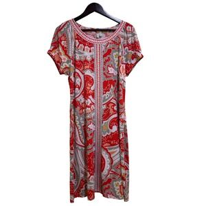 Madison Paisley Print Dress Beaded Neckline Casual Short‎ Sleeve L